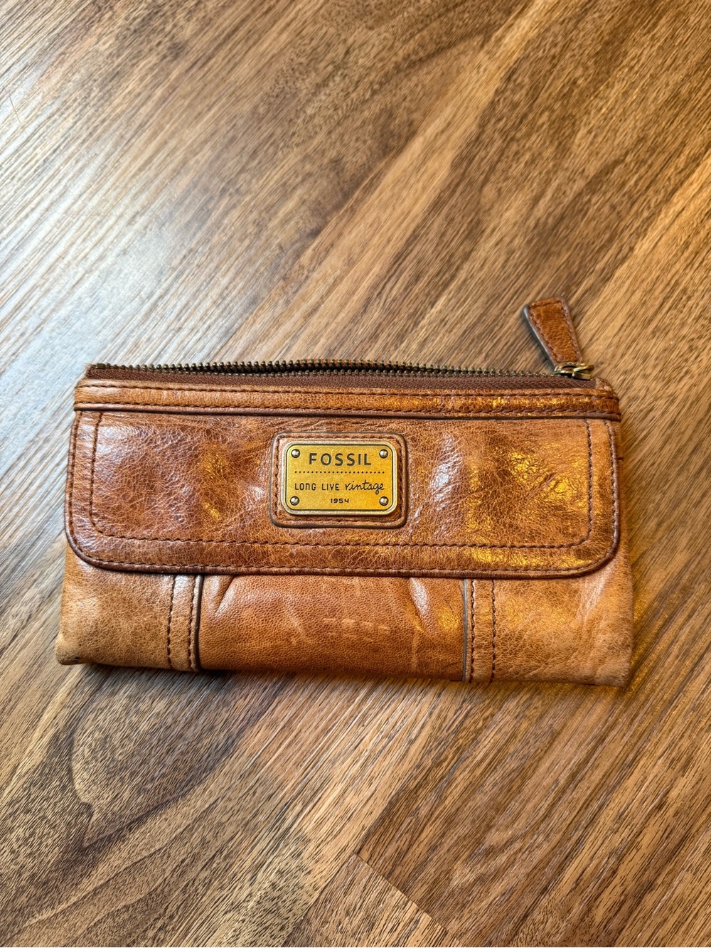 Fossil Tan Brown Leather Zip Card Holder Wristlet Vintage Wallet